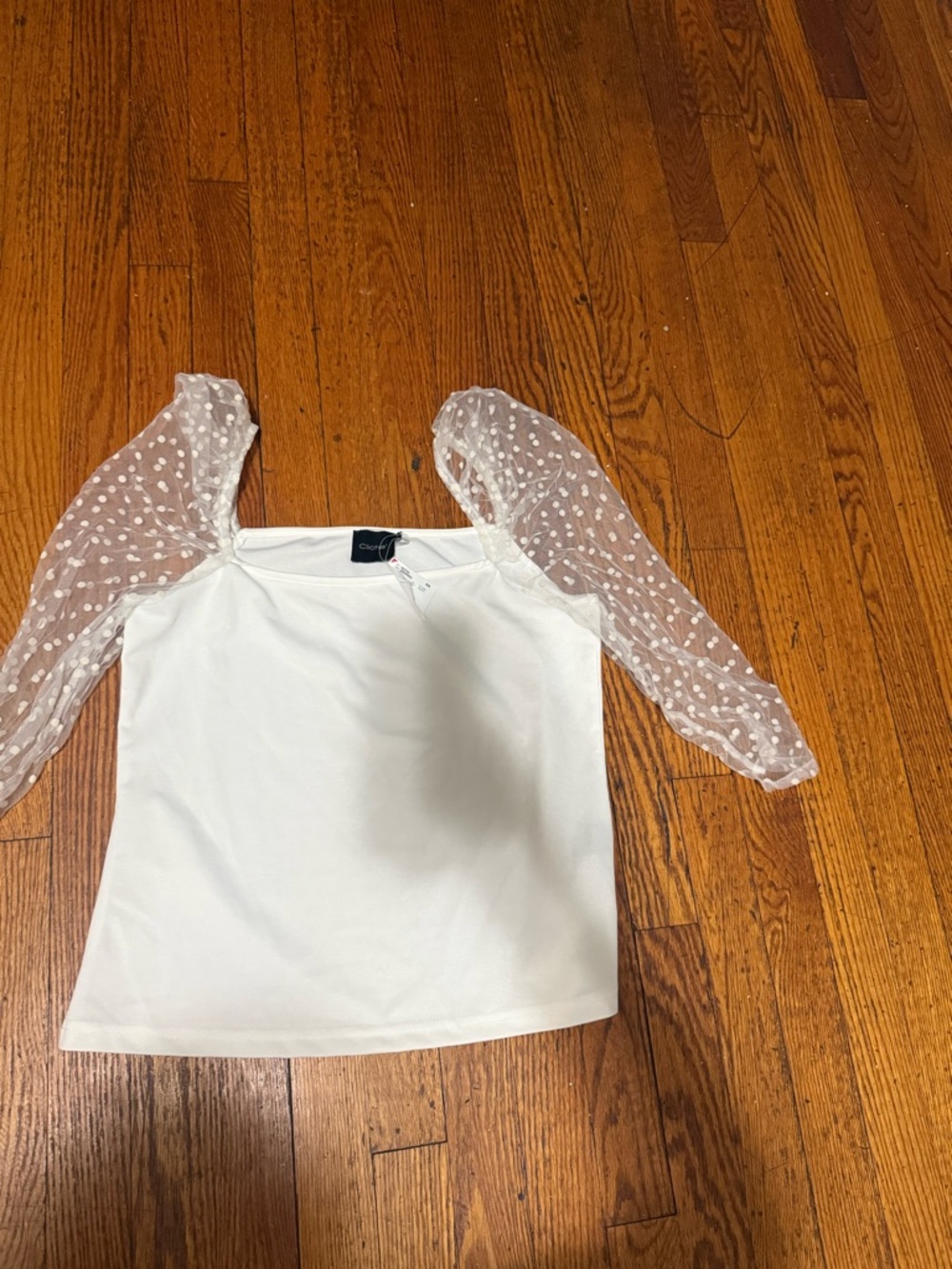 Sheer Dot-Sleeve White Square-Neck Blouse